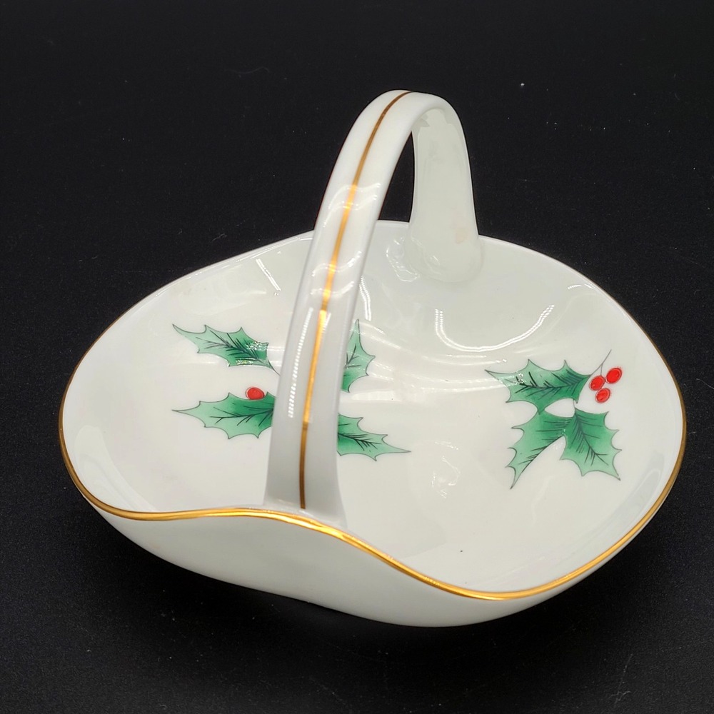 Mikasa Trinket Candy Dish Basket FX017 Gold Trim Christmas Holiday Ribbon Holly